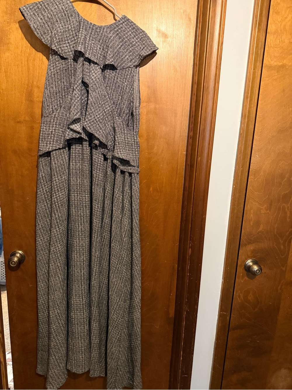 Ruffled Maxi Dress in Gray Check - Sleeveless Layered Style